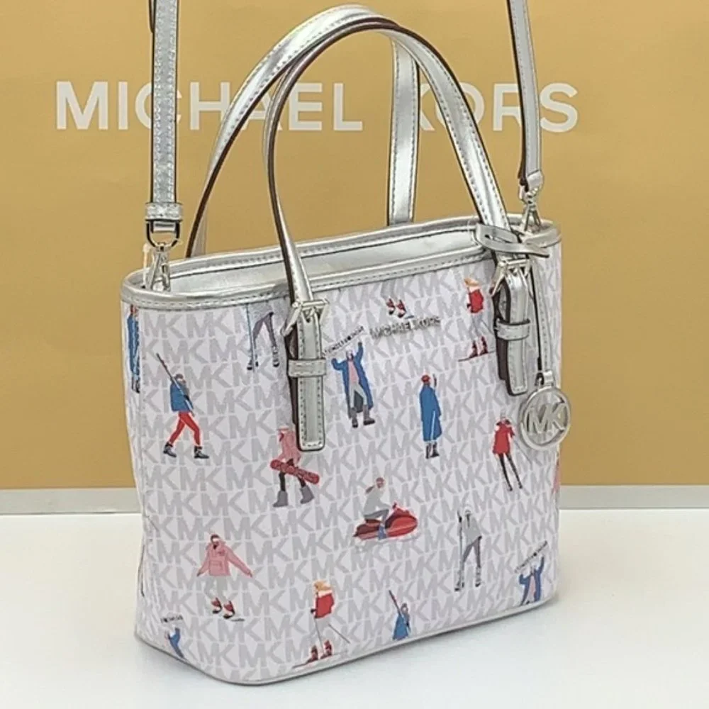 Michael Kors Jet Set Girls Print White Signature XS Carryall Top Zip Tote - Picture 3 of 16